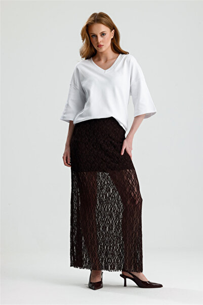 ROSE ARYA Coffee Long Lace Skirt