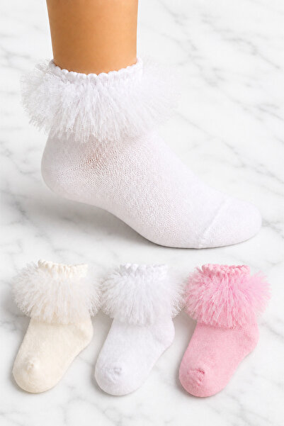 ZENGİN Pack of 3 Lace Girls' Socks |   Soft & Stylish Cotton Baby Socks Set