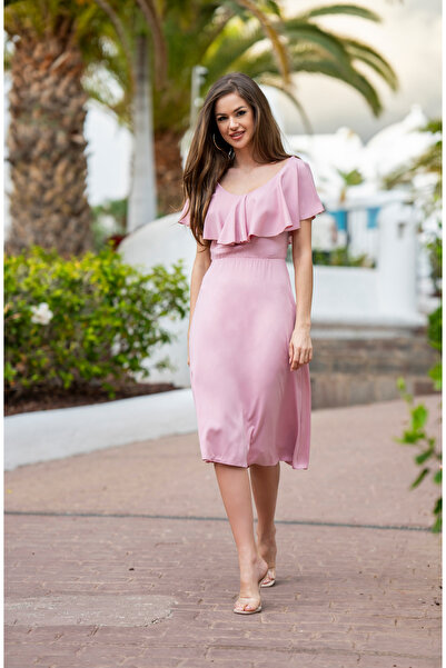 Awama Women's Midi Dress, V-Neckline With Ruffle, Elegant Cut, Highlighted Wa...