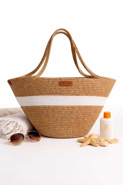 MTG JÜT TASARIM Beach Bag Jute Cord Rope Handcrafted Straw with White Stripes