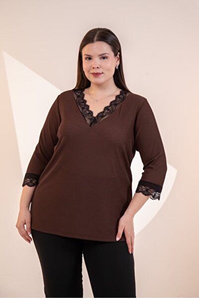 Roxxlen Women's Plus Size Lace Detailed Blouse Brown