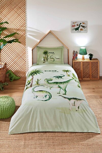 Özdilek Nevresim Takımı Fitted Çarşaflı Ranforce Tek Kişilik Yeşil Dınosaur