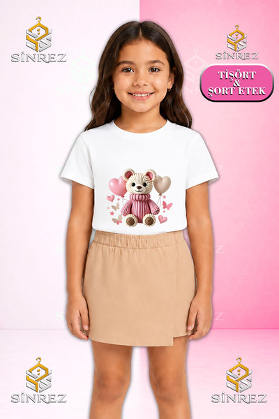 SİNREZ Girl's Set with Teddy Bear and Pink Balloon Printed Short Sleeve T-Shi...