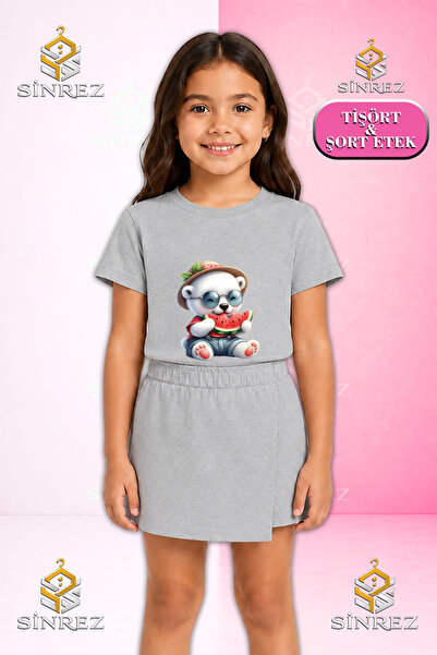 SİNREZ Girl's Set Bear White Watermelon Eating Printed Short Sleeve T-Shirt S...