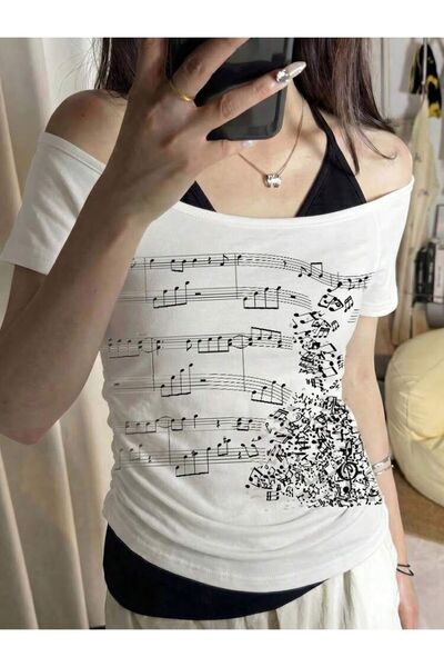 1blood White Note Patterned Madonna Collar Short Sleeve Full Body Crop with A...