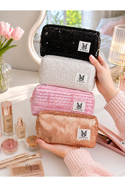 MAKE BAG YENİ İTHAL BONCUKLU 4'LÜ MAKYAJ ÇANTASI SETİ (PEMBE-GOLD-SİYAH-GRİ)