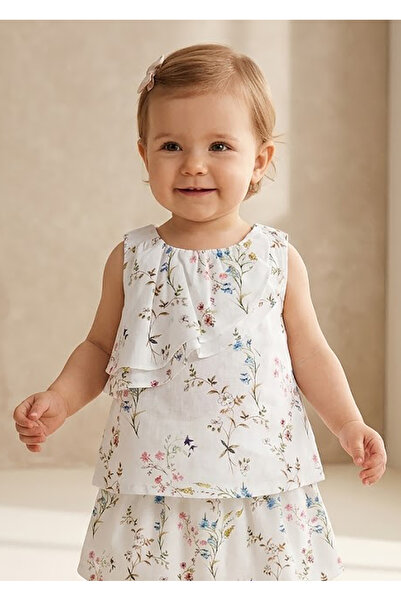 Ozmoz By Mukadder Özden Organic Floral Flounced Ecru Summer Baby Girl Blouse