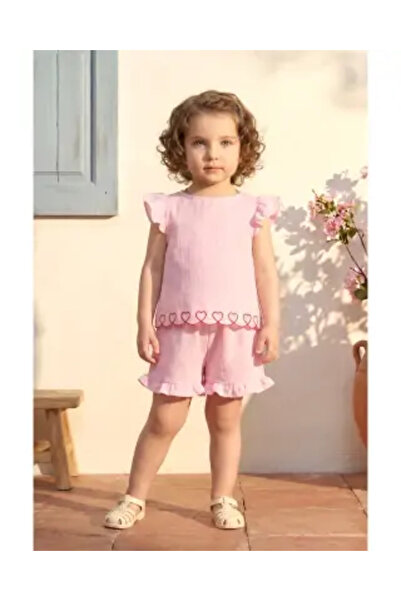 Melomio Baby Kids Heart Embroidered Girl's Set Pink