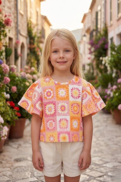 Lupinn Girl's Patterned Summer T-Shirt - Colorful Floral Pattern Soft Texture...