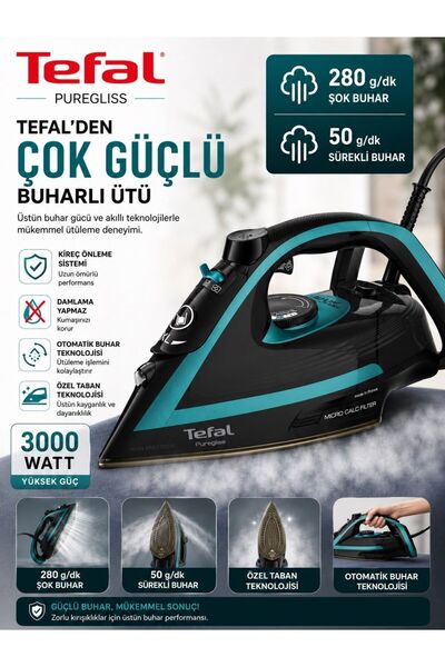 TEFAL 3000 W Güçlü Kireç Filtreli Buharlı Ütü 280 Gr Şok Buhar Otomatik Kapan...