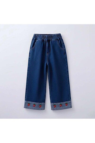 Kız Çocuk Çilek Nakışlı Denim Kot Pantolon