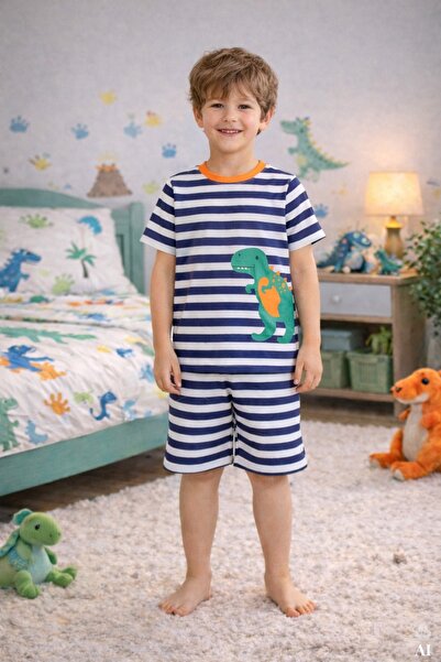 koza iç giyim Erkek Çocuk Pamuklu Çizgili Baskılı Kısa Kollu Şortlu Pijama Takımı