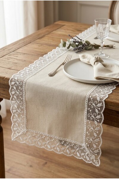 Rona Home Linen Look Lace Ecru Runner - Waterproof Living Room Cover