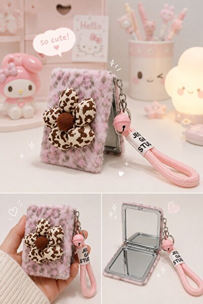 BiTon Toptan Peluş Desenli Çiçek Detaylı Cep Aynası Anahtarlık – Kawaii Çanta...