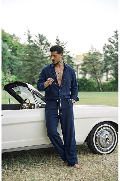 OUTFİT MAN Linen Oversize Suit Navy Blue