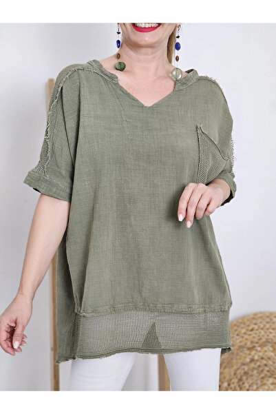 MetuCA Women's Khaki Mesh Detailed Cotton Linen Blouse Bohemian Loose Tunic