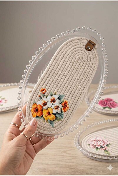 Betülce Acrylic Beaded Oval Tray and Cotton Rope Supla Double Presentation Set