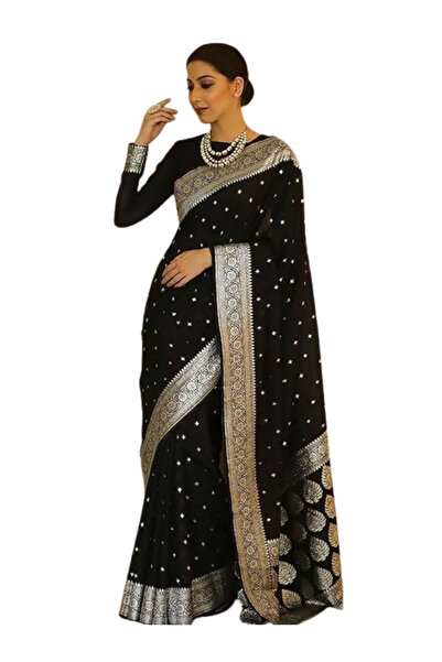 MYSMAR Black Banarasi Lichi Silk Saree -TRNK6023-Black