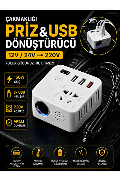 nelerbulurum Çakmaklığı Prize Dönüştürücü ve 3 USB Hızlı Şarj 12V/24V → 220V ...