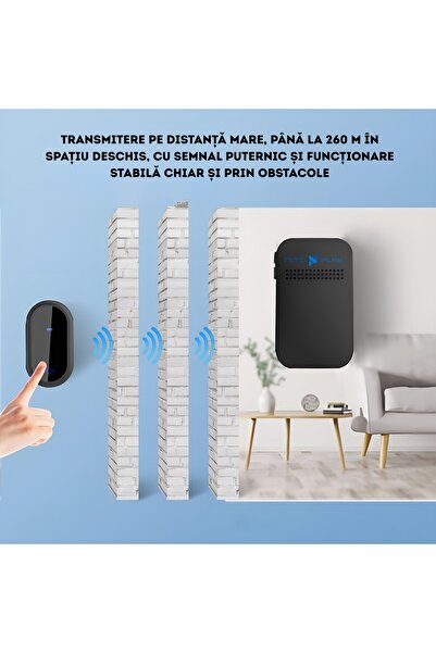 NITOPLAY Sonerie fara fir Nitoplay® S9, cu auto-generare de energie, fara baterii, semnal puternic pana la 260 m, 8 melodii, pana la 105 dB, volum reglabil, mod silentios, rezistenta la apa, instalare usoara
