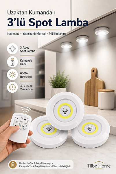 Tilbe Home 3lü Kumandalı Kablosuz Pilli LED Spot Lamba Zaman Ayarlı Dolap İçi Mutfak Tezgah Banyo Dolabı Işığı