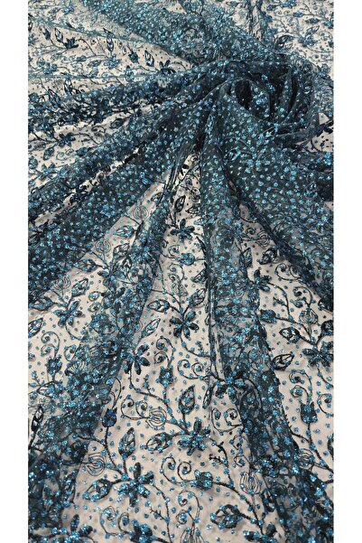 TESATURI OUTLET Broderie 3D pe Tulle Albastru Petrol cu Glitter Turcoaz – Material Rochii Elegante 130 cm