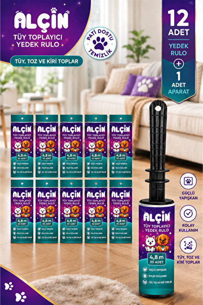 ALÇİN Tüy Toplayıcı Yedek Rulo 12’li + Aparat Kedi Köpek Tüy Toplama Rulosu