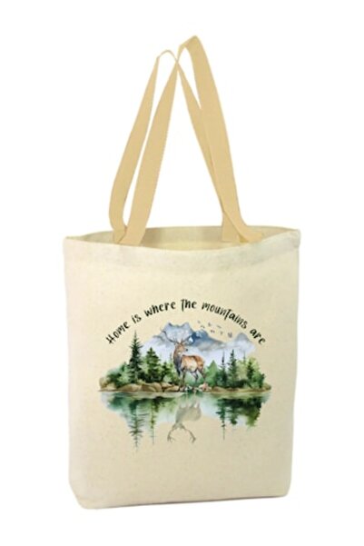 OEM Canvas bag with zipper, white handle, deer in nature, English text