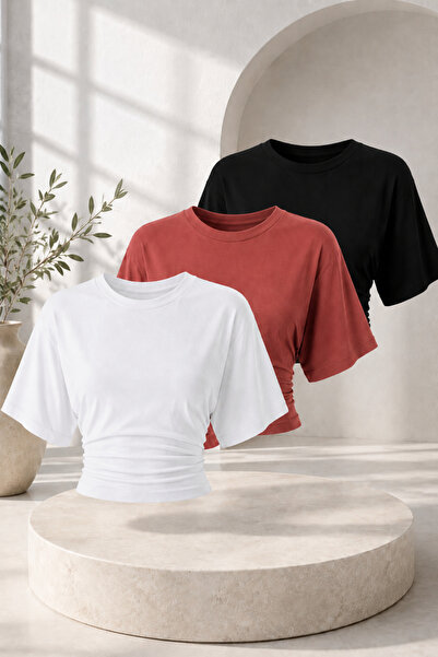COMBİNE MİCHAİL Women's Casual Bat Sleeve 3-Piece Tight Crop Blouse