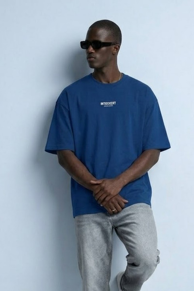 MATERIAL Men's Introvert Text Printed Casual Blue T-Shirt