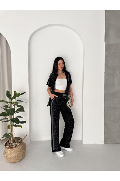 winmoda Kadın Komple Taş Detaylı Fermuarlı Yelek & Bol Paça Pantolon İkili Takım