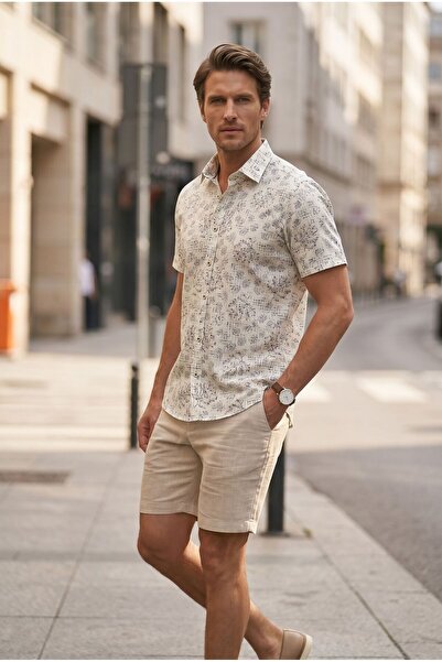 Louis Fabel Short-Sleeved Men's Shirt with Navy Blue Leaves and Square Patter...