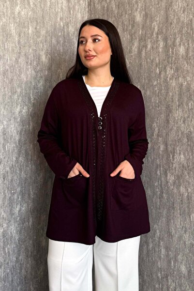 ModaPlaza Cardigan scurt pentru femei, mărime mare, cu guler cu pietre, buzun...