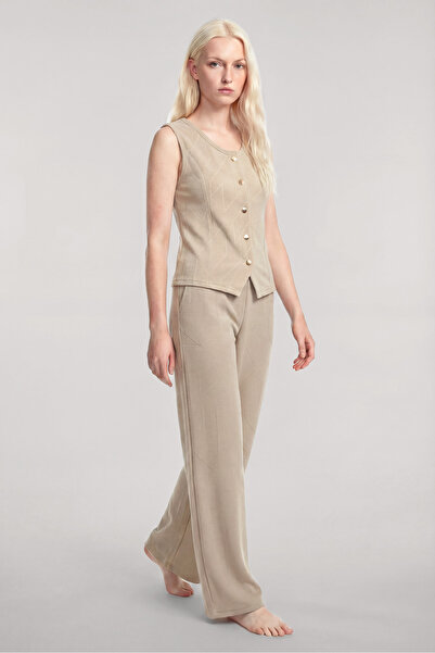 Akbeniz Women's Minimal Sleeveless Summer Suit Beige