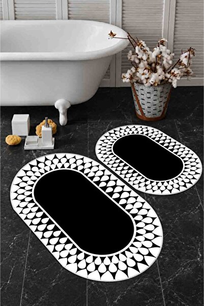 CENTER AVM Banyo Paspası Banyo Halısı Yıkanabilir Kaymaz Taban Siyah Beyaz Su...