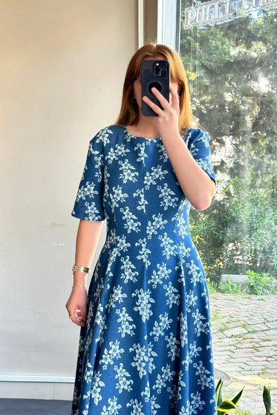 Pulli Collection Floral Patterned Waist-Fitted Flared Denim Dress