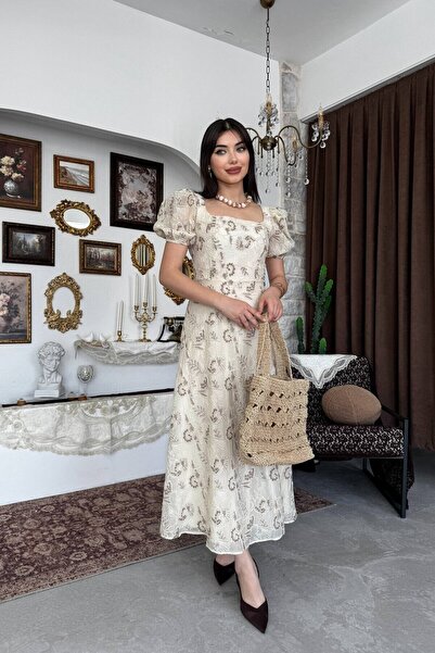 Caddebostan Moda Square Neck Embroidered Balloon Sleeve Lined Midi Length Sty...