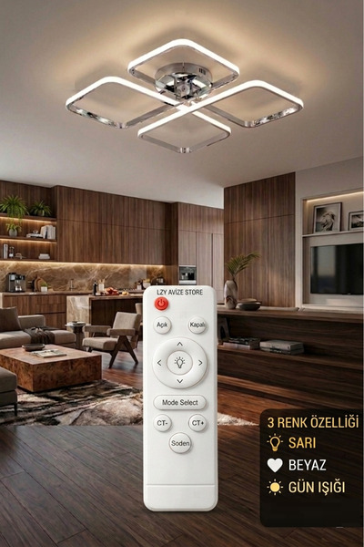 Lzy Avize Store March Dekoratif Kumandalı Krom Plafonyer LED Avize-4'lü Geome...