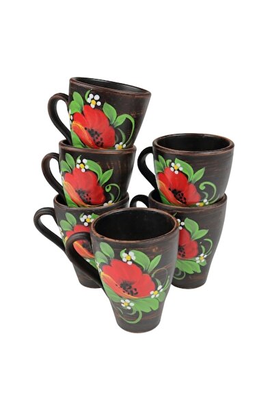OEM Set of 6 Ceramic Mugs with Handle, Hand-Painted Poppy Flower Motif, 300ml...