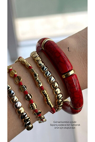 ADENNA JEWELRY Kırmızı Mermer Desenli Gold Detaylı Akrilik Bileklik