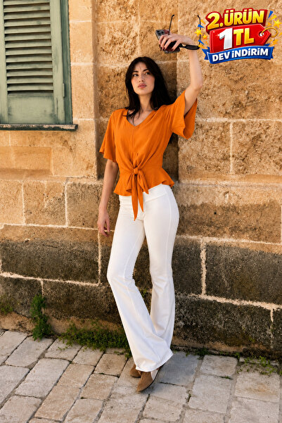 DAMGA JEANS Kadın Comfort Fit Yazlık V Yaka Şık Turuncu Bluz