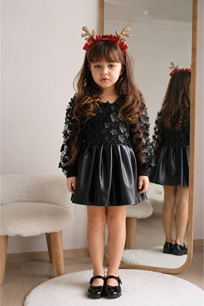 Yalçınoğlu Kids Flower Embroidered Black Girl's Dress 2-9 Years Old I 3D Flow...