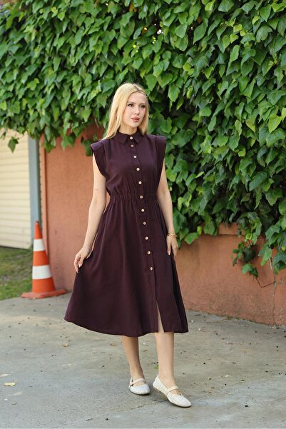 ZEYWEAR Vatkalı Beli Lastikli Tencel Mürdüm Rengi Elbise