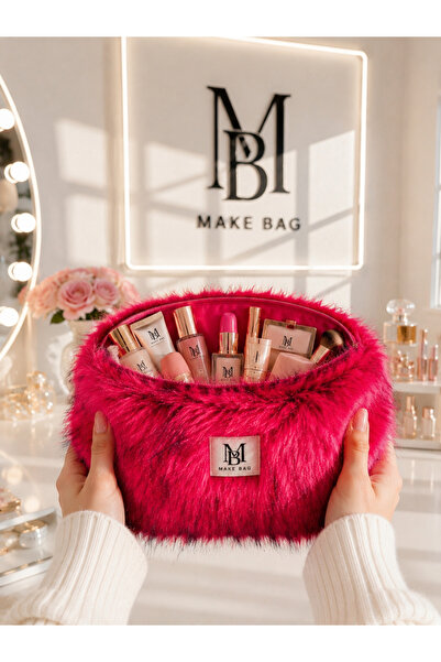 MAKE BAG YENİ KIRMIZI PELUŞ MAKYAJ ÇANTASI