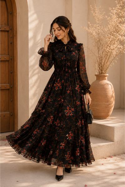 Libas lab Midnight Blossom Chiffon Maxi Dress