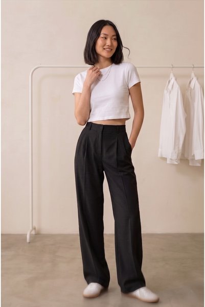 incirgüneyi Women's Black Fabric Trousers High Waist Relaxed Cut Flexible Wai...
