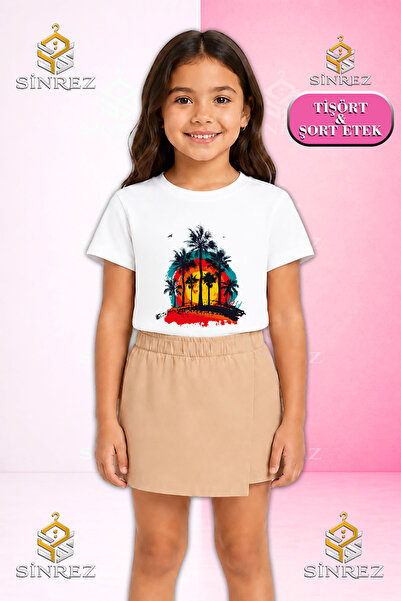 SİNREZ Set pentru fete PALM TREES SUMMER SUN CANVAS Tricou imprimat cu mânecă...