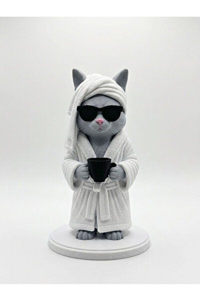 MAKERBOM3D Bornozlu Kahve Keyfi Yapan Kedi Figürü - Gözlüklü Sevimli Kedi Bib...