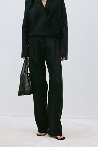 Suud Collection Black 100% Linen Viana Pleated Trousers