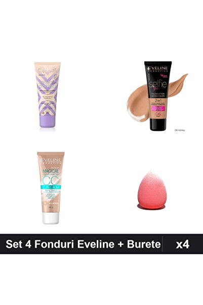 Eveline Set 4 Fonduri de Ten Eveline, Nuante Beige-Honey, cu Burete Makeup